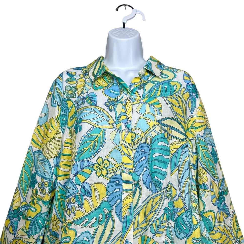 J. McLaughlin Britt Linen Tropical Leaf Button Shirt Blue Yellow XL Coastal‎ - Picture 5 of 11